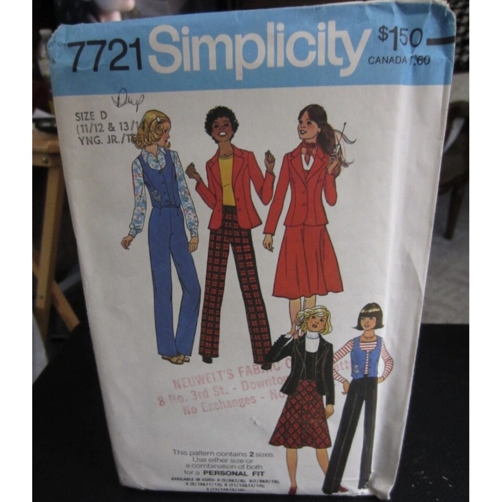 Simplicity 7721 Jacket, Vest, Skirt & Pants Pattern - Size 11/12 & 13/14 Cut